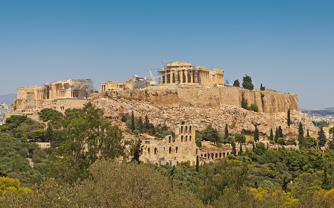 The Acropolis rising above Athens, viewed from Philopappos Hill.
