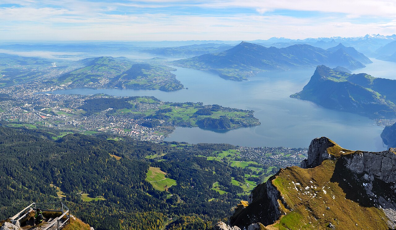 Lake Lucerne and green Alpine ridges viewed from Mount Pilatus, Switzerland.