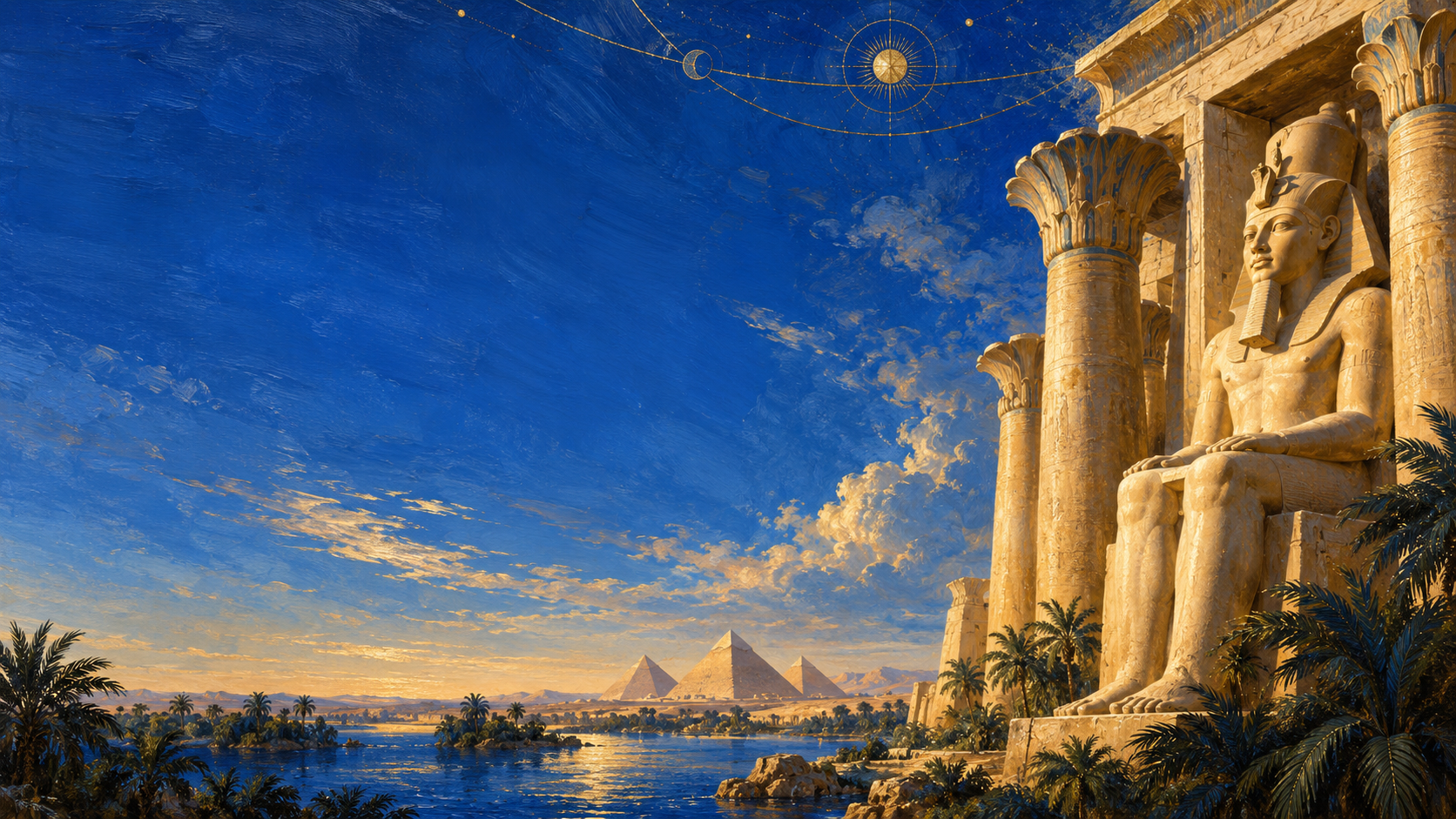 Painterly ancient Egyptian landscape with a monumental pharaoh, temples and the Nile beneath a lapis blue sky